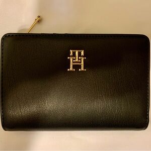 Tommy Hilfiger Black Leather Zip-Around Wallet with Gold TH Emblem
